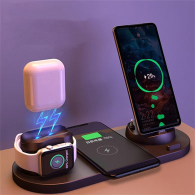 Wireless charger dock station multi-device charging station 6-in-1 charging dock wireless charging hub charging stand for multiple devices Qi-compatible charger station universal charging dock all-in-one charging station portable charging dock with multiple ports